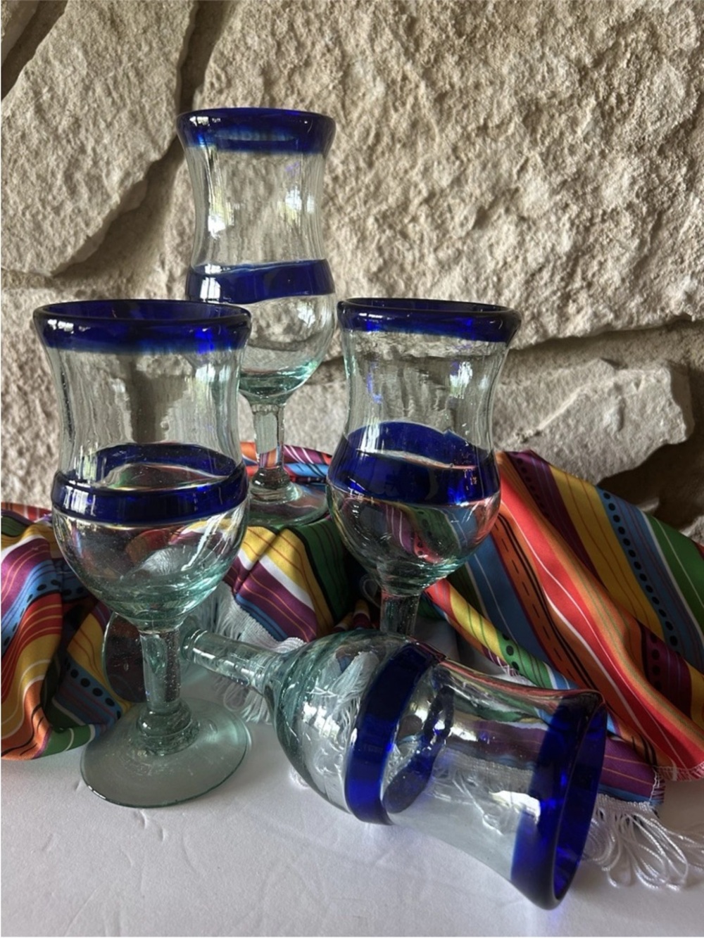 Vintage Hand Blown Mexican Glass Set Cobalt Blue Rim & Stripe 8"x2.75" EC